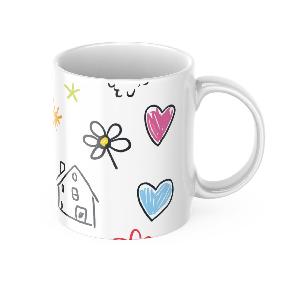 Whimsical Hearts and Stars Doodle Mug - 325ml (11oz) White Ceramic Coffee Cup with Playful Sketch Design, Perfect Gift for Dreamers