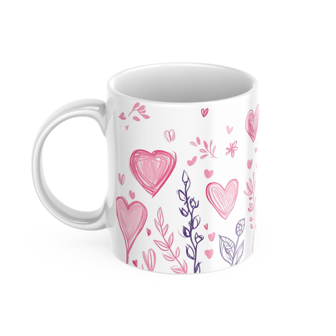 💕🌿 “Blush of Love” – 325ml (11oz) Premium White Ceramic Coffee Mug – Hand-Drawn Romantic Floral & Heart Pattern in Soft Pinks and Lavenders – Perfect Gift for Lovers, Dreamers, and Gentle Souls 🌸✨