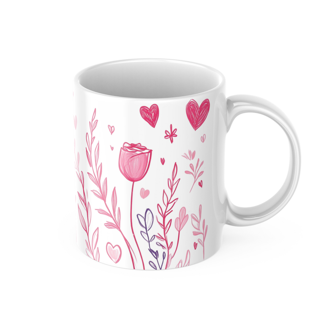 💕🌿 “Blush of Love” – 325ml (11oz) Premium White Ceramic Coffee Mug – Hand-Drawn Romantic Floral & Heart Pattern in Soft Pinks and Lavenders – Perfect Gift for Lovers, Dreamers, and Gentle Souls 🌸✨