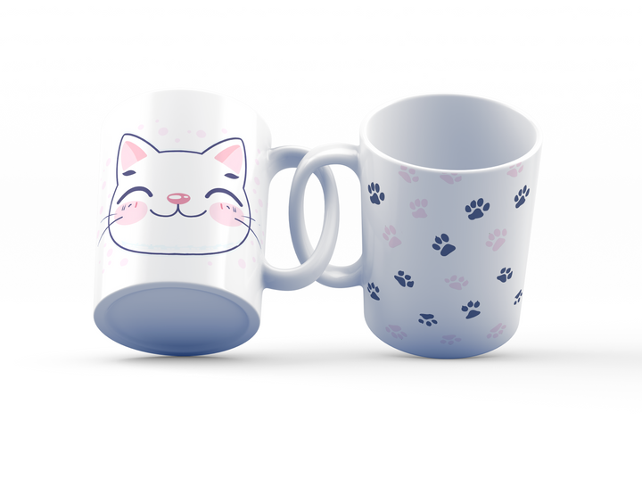 Cute Cat Mug – 11oz Ceramic Mug with Adorable Kitty Face and Paw Print Design – Perfect Gift for Cat Lovers – Dishwasher and Microwave Safe