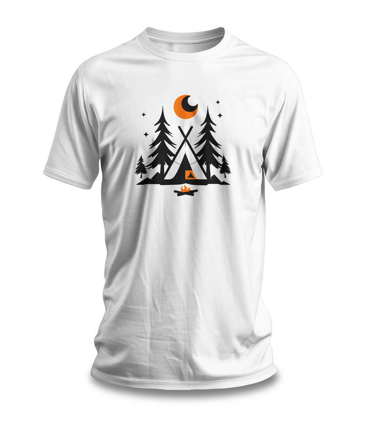 Unisex Camping T-Shirt with Minimalist Tent and Campfire Graphic | Outdoor Adventure Tee | Moon and Stars Design