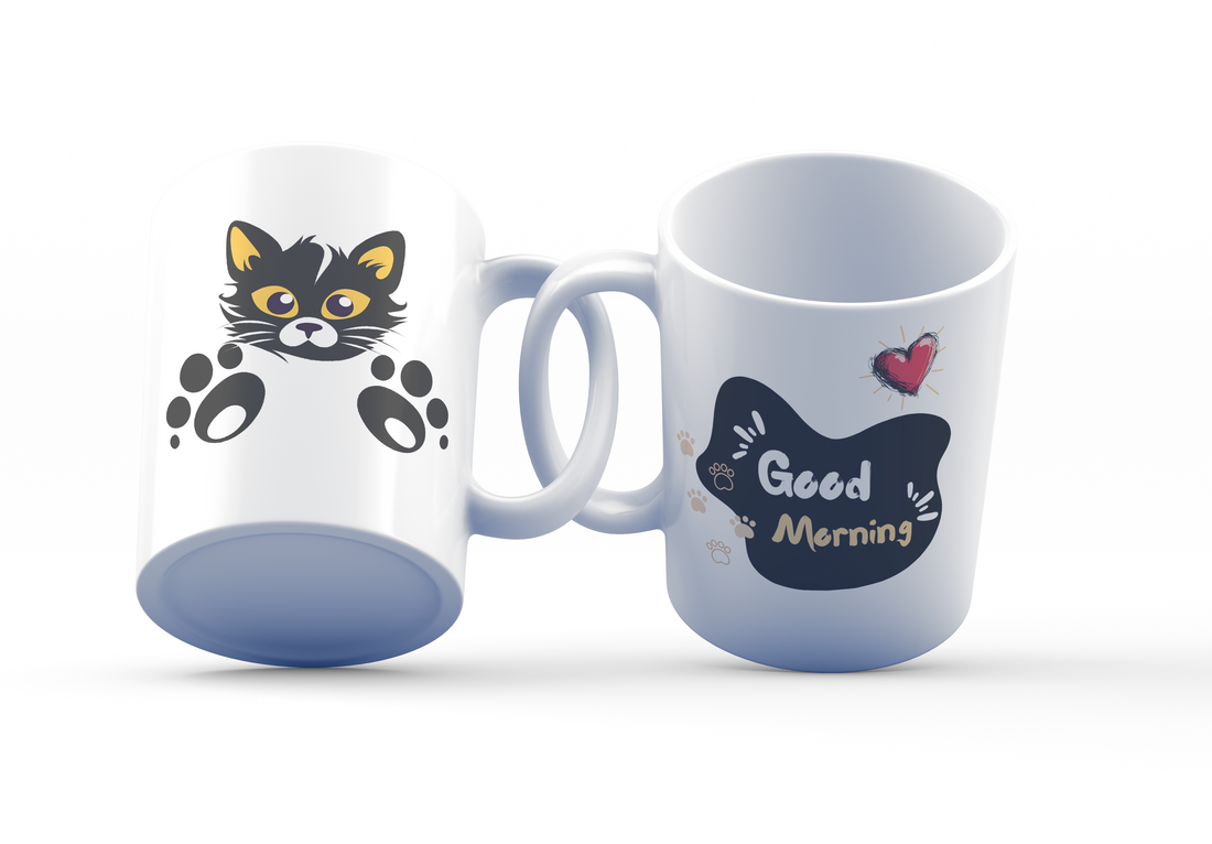 Good Morning Cat Mug – 11oz Ceramic Mug with Playful Kitty Design – Cute Black Cat and Heart Artwork – Ideal Gift for Cat Lovers – Microwave and Dishwasher Safe