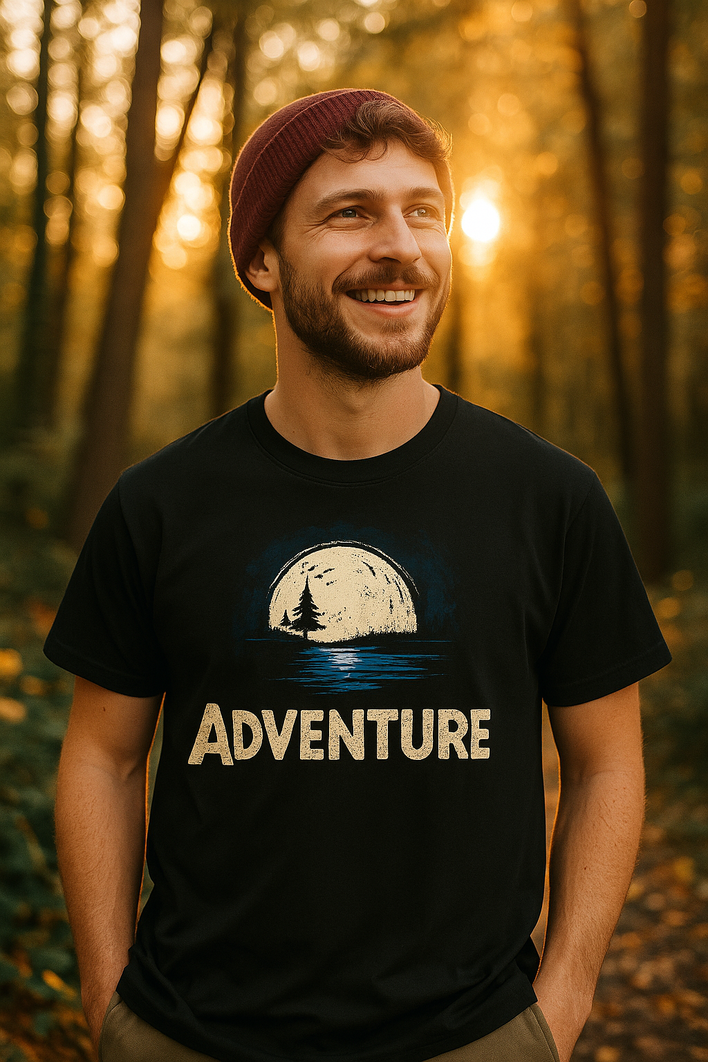 Man wearing a black t-shirt with 'ADVENTURE' and a nature graphic in a forest setting