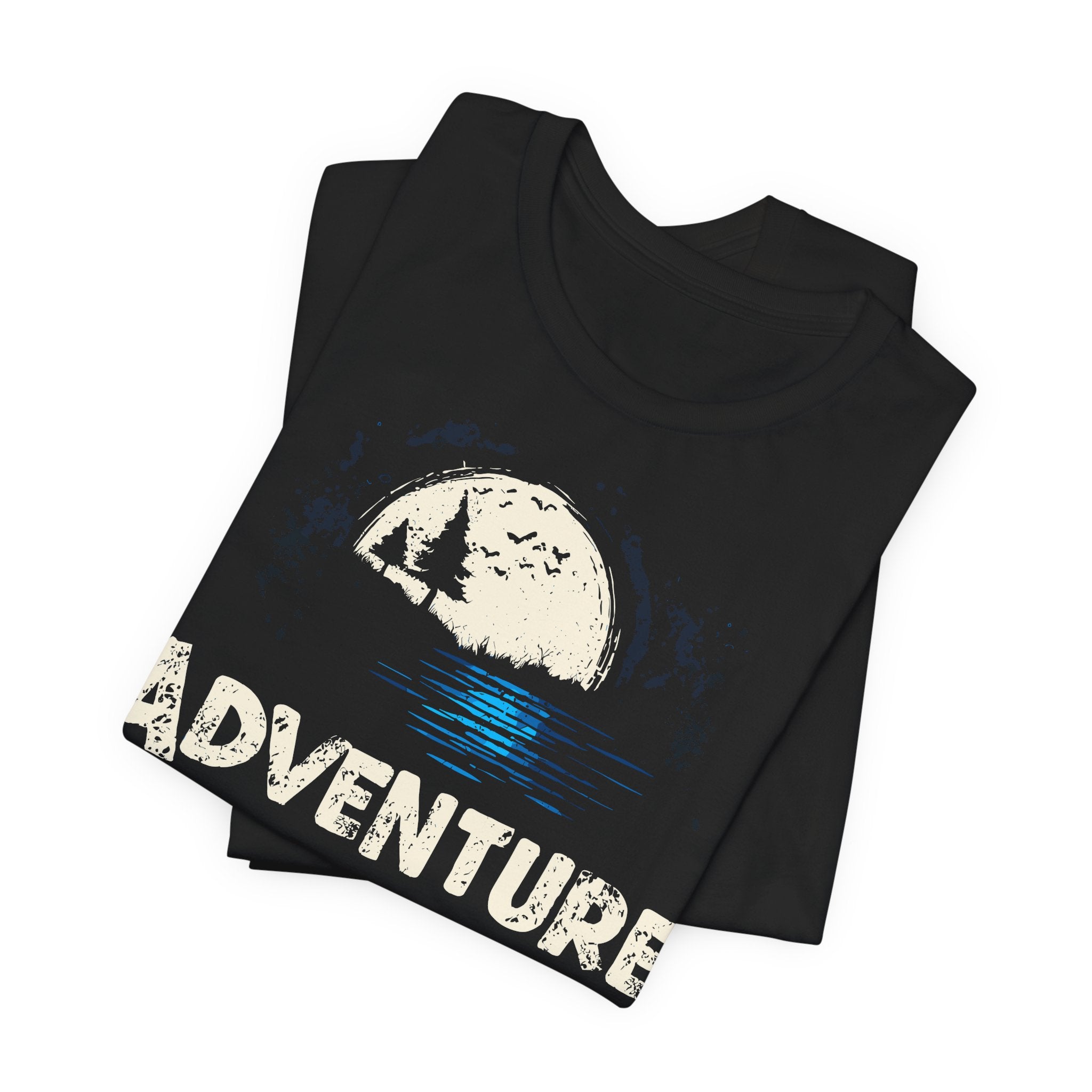 Black t-shirt with 'Adventure' graphic design on a white background