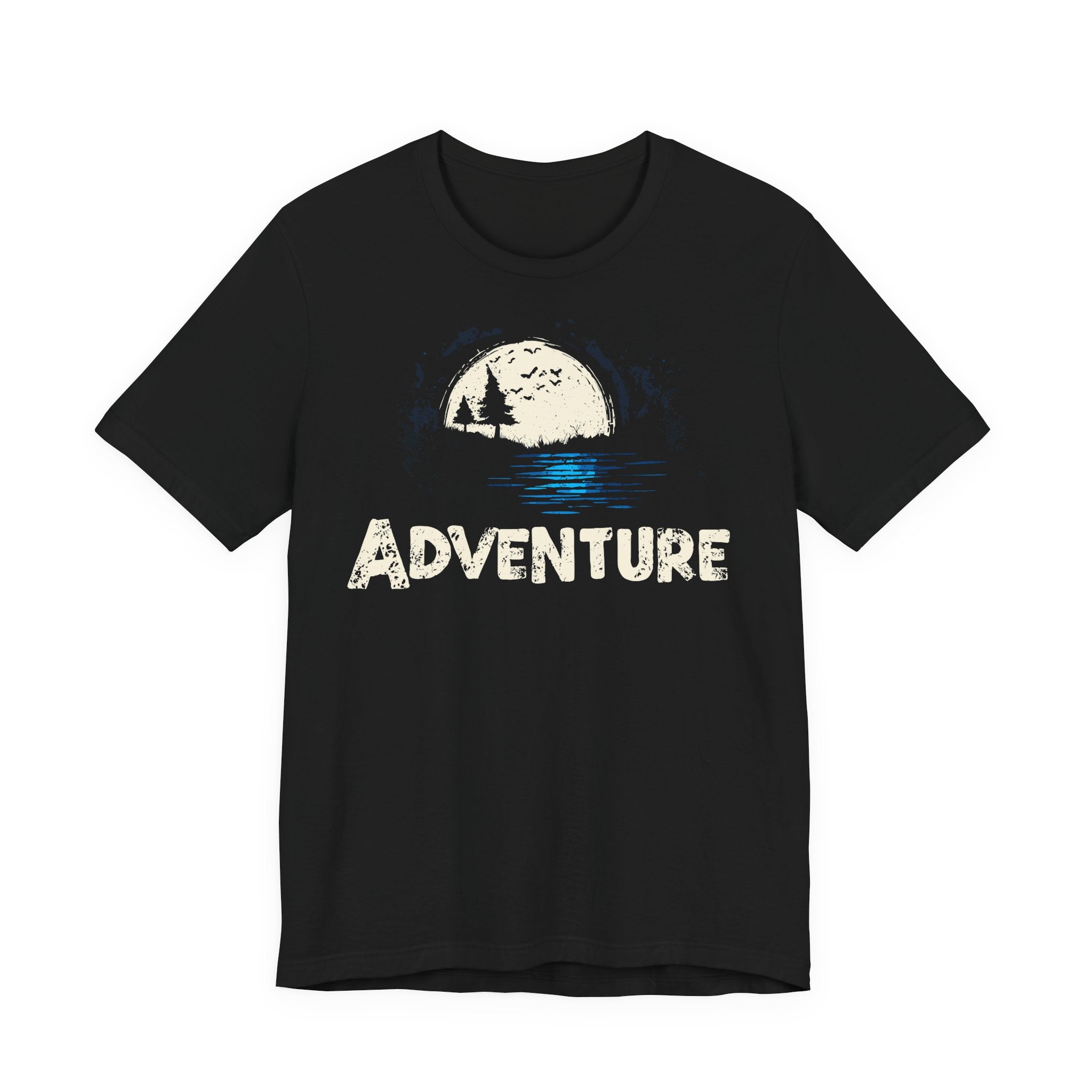 Black t-shirt with 'Adventure' graphic design on a white background