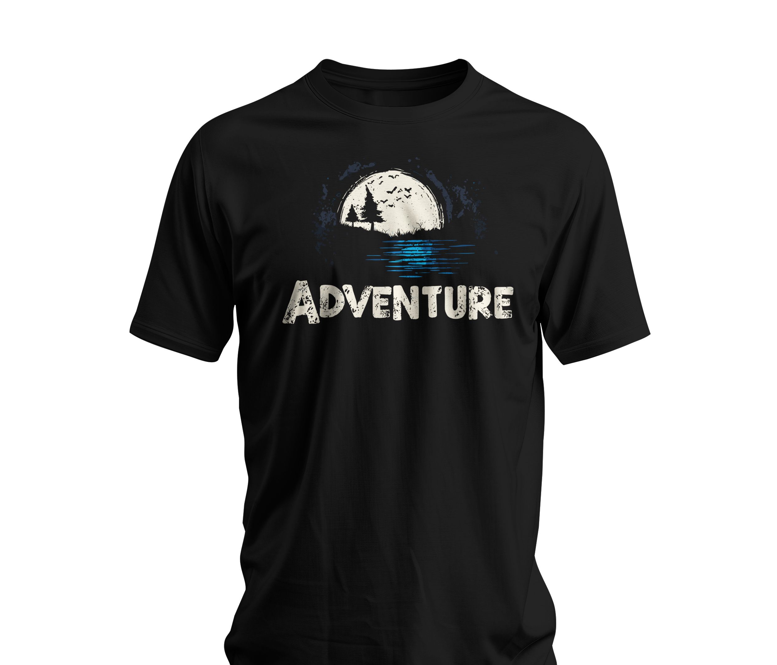 Black t-shirt with 'Adventure' graphic design on a white background