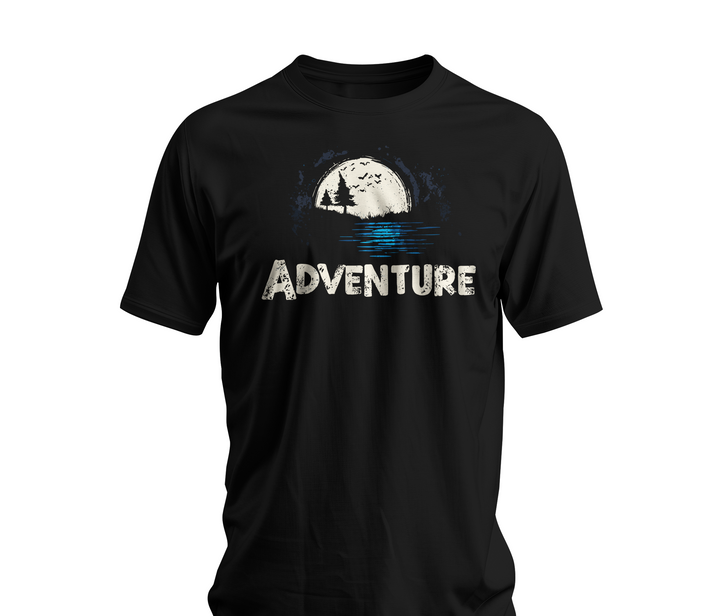 Black t-shirt with 'Adventure' graphic design on a white background