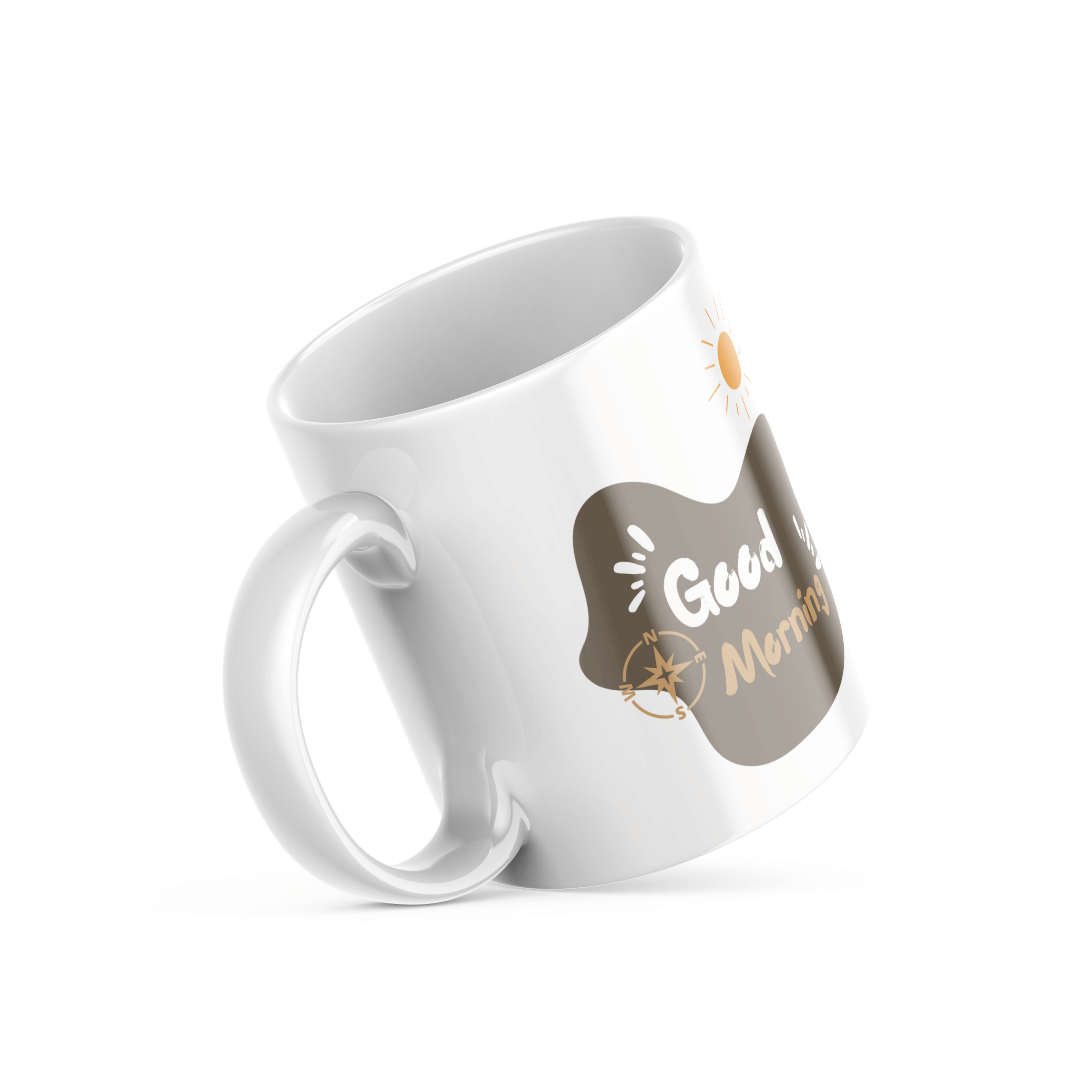 Two ceramic mugs, one with a mountain and sun design and the other with a 'Good Morning' message, both in minimalist style.