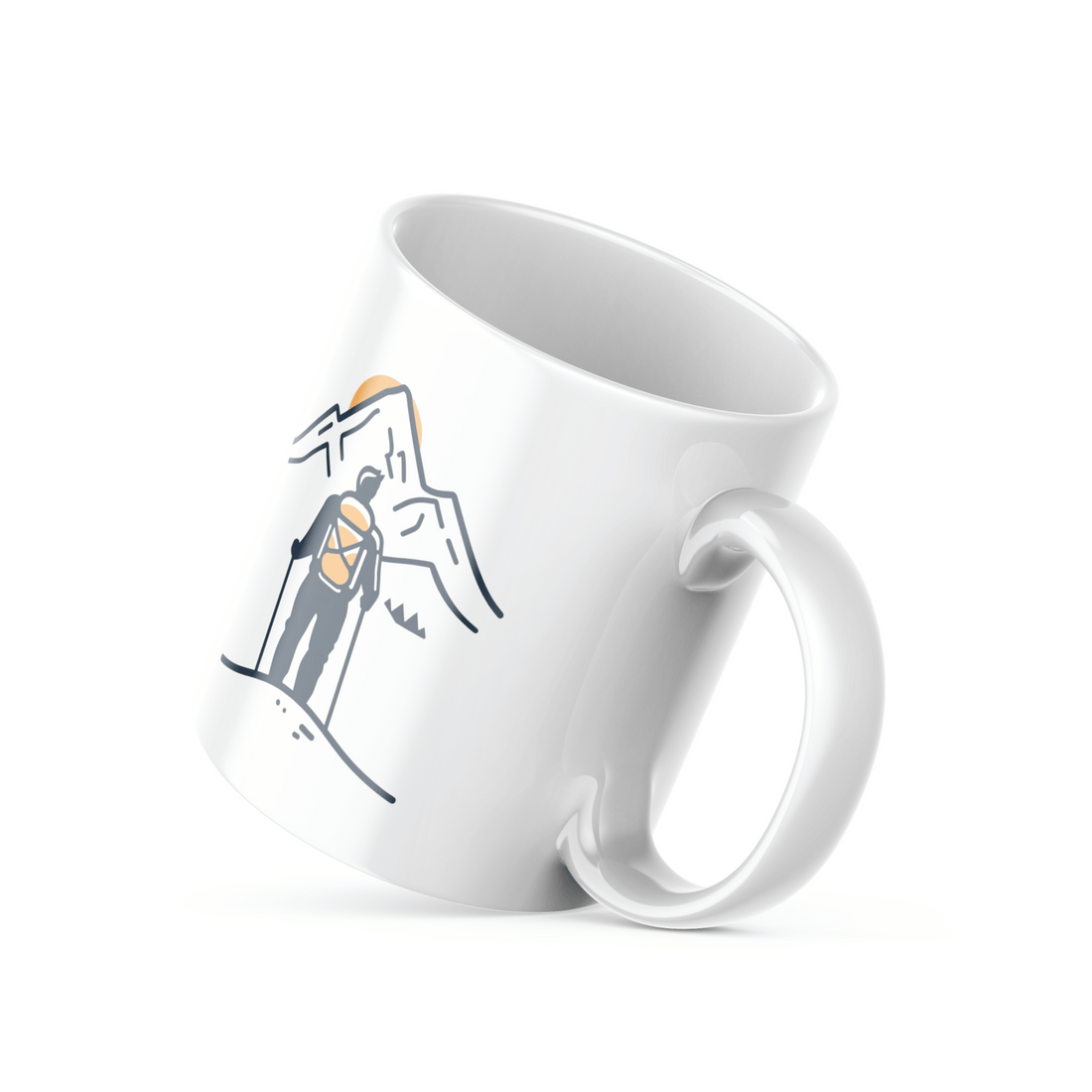 Two ceramic mugs, one with a mountain and sun design and the other with a 'Good Morning' message, both in minimalist style.