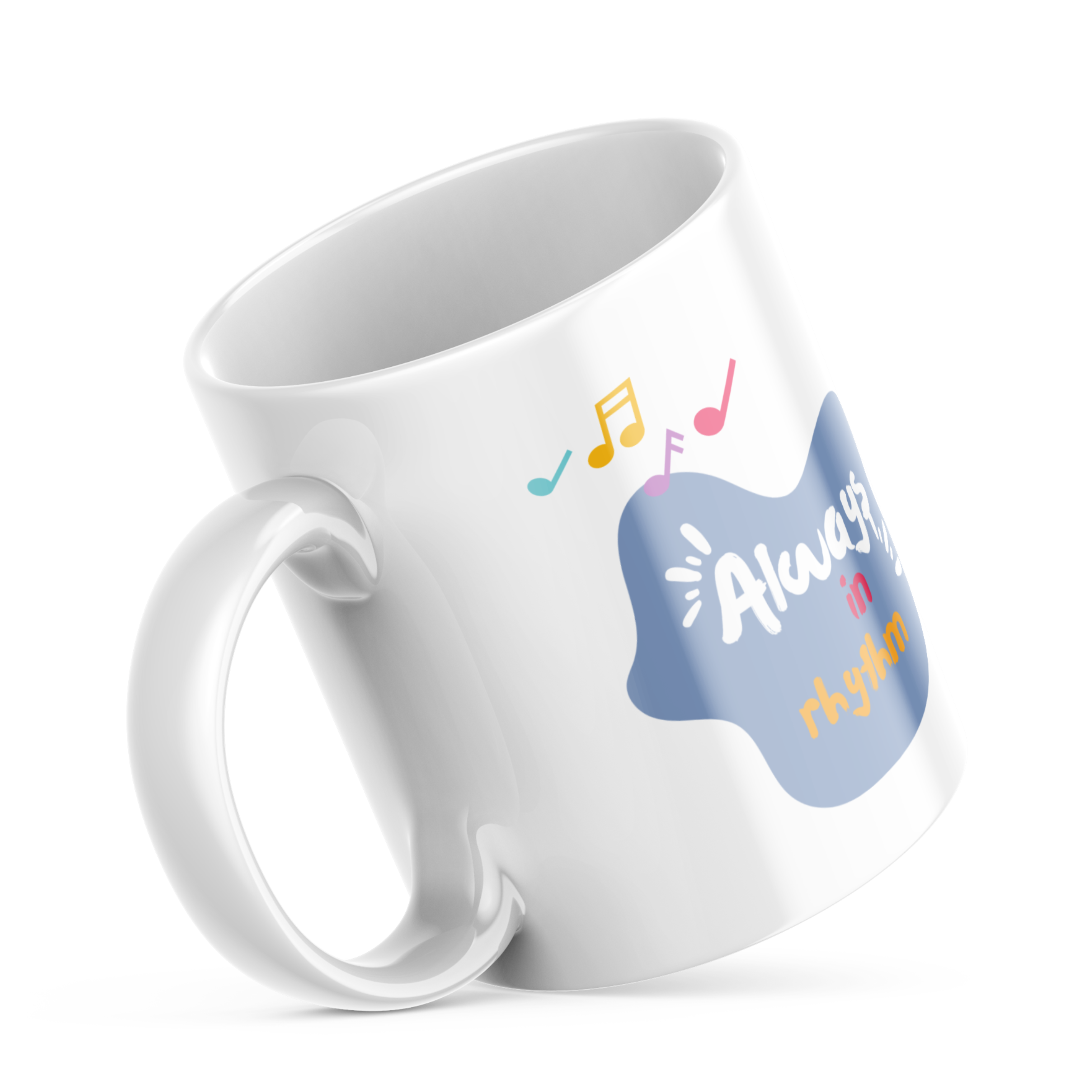 Always in Rhythm mug with colourful headphones design