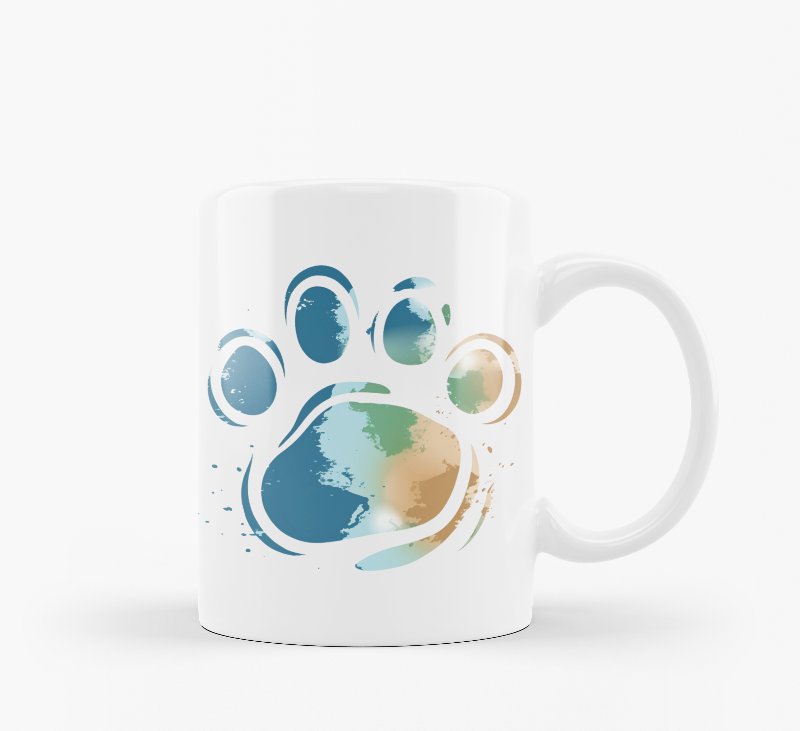 A set of two ceramic mugs, one with a 'Good Morning' message and a paw print design, and the other with a 'Paw Print Earth' design. Both mugs have a glossy white background with colorful prints.