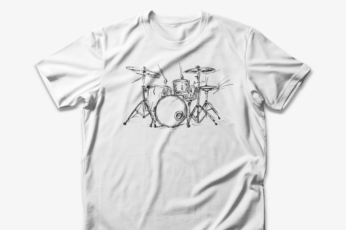 Drum Set Sketch T-Shirt | White Cotton Tee with Artistic Hand-Drawn Drum Design | Unisex Music Lover's Shirt