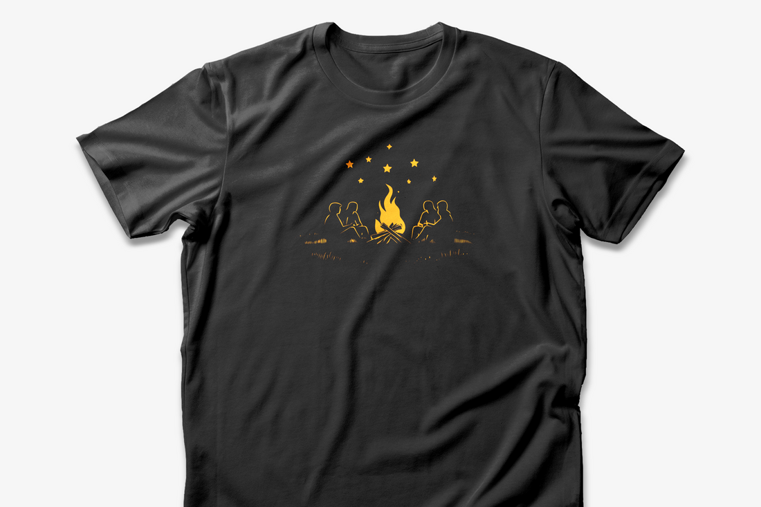 Campfire and Starry Night T-Shirt | Black Cotton Unisex Tee with Warm Bonfire Design | Perfect for Outdoor Lovers