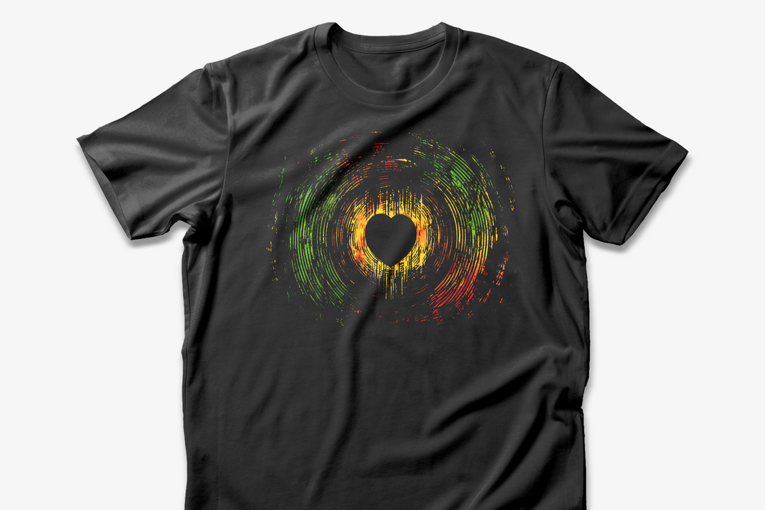 Rasta Heartbeat T-Shirt | Reggae Vibes Tee | Colorful Vinyl Record Design | Gift for Music Lovers | Unique Artistic Black T-Shirt