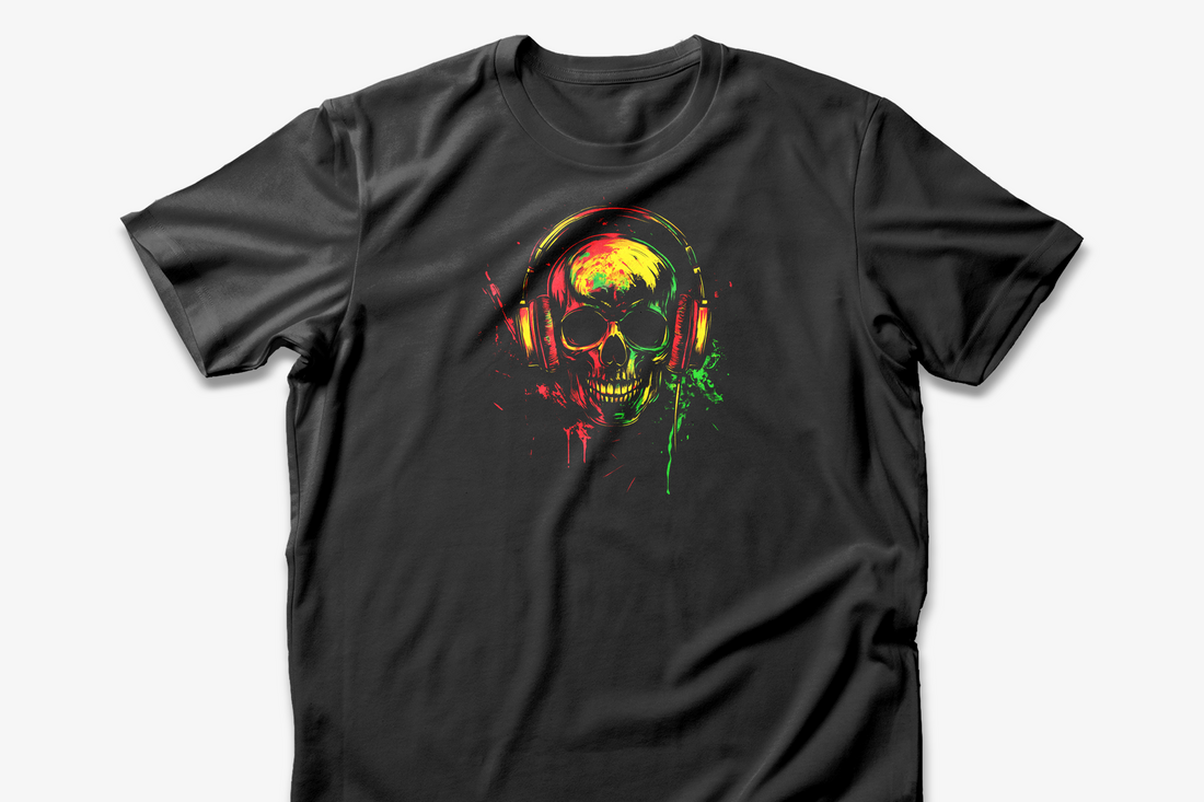 Vibrant Skull with Headphones T-Shirt | Black Cotton Unisex Tee with Colorful Skull Design | Perfect for Music and Art Lovers