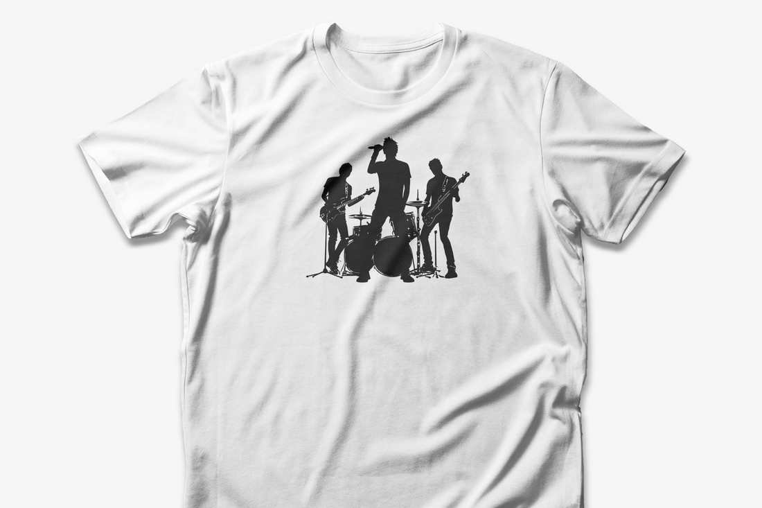 Band Silhouette T-Shirt | White Cotton Tee with Black Music Band Design | Stylish and Comfortable Unisex Shirt