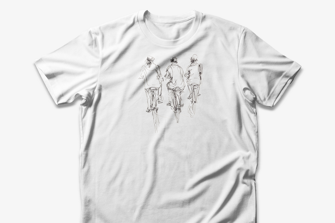 Sketch Cycling Trio T-Shirt | White Cotton Tee with Artistic Cyclist Design | Casual Unisex Shirt for Everyday Wear