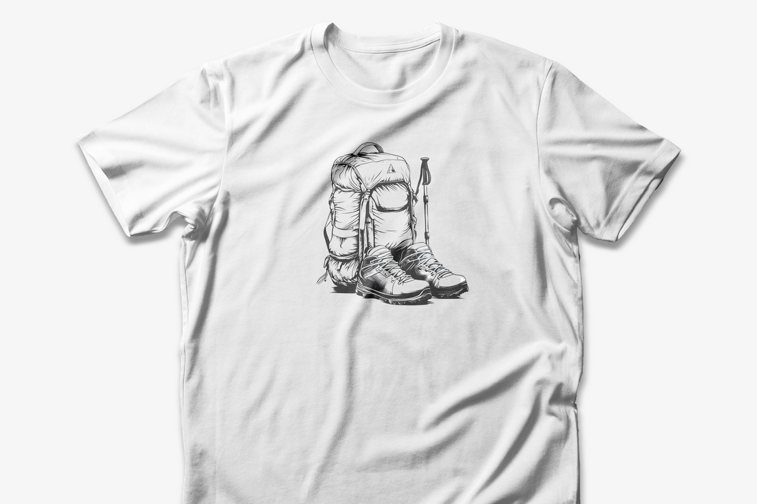 Adventure Backpack & Hiking Boots T-shirt | Outdoor Gear Illustration | Perfect Tee for Hikers and Nature Lovers