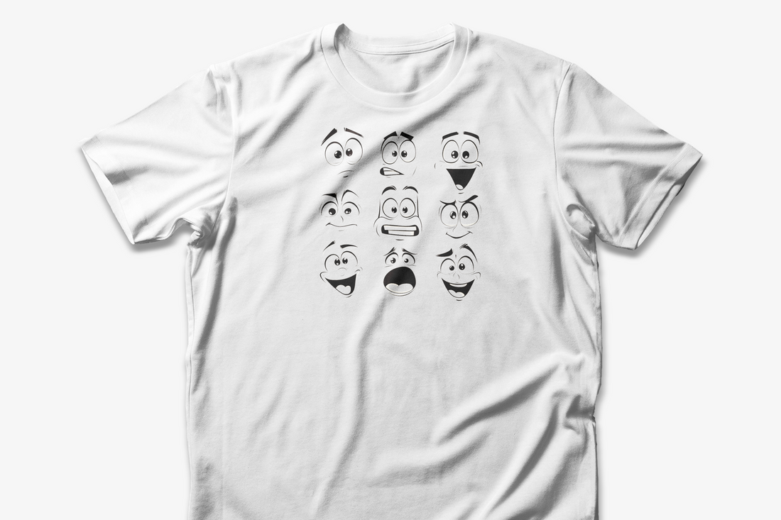 Cartoon Faces T-Shirt | White Cotton Unisex Tee with Fun Expressive Emotions Design | Perfect for Casual Wear