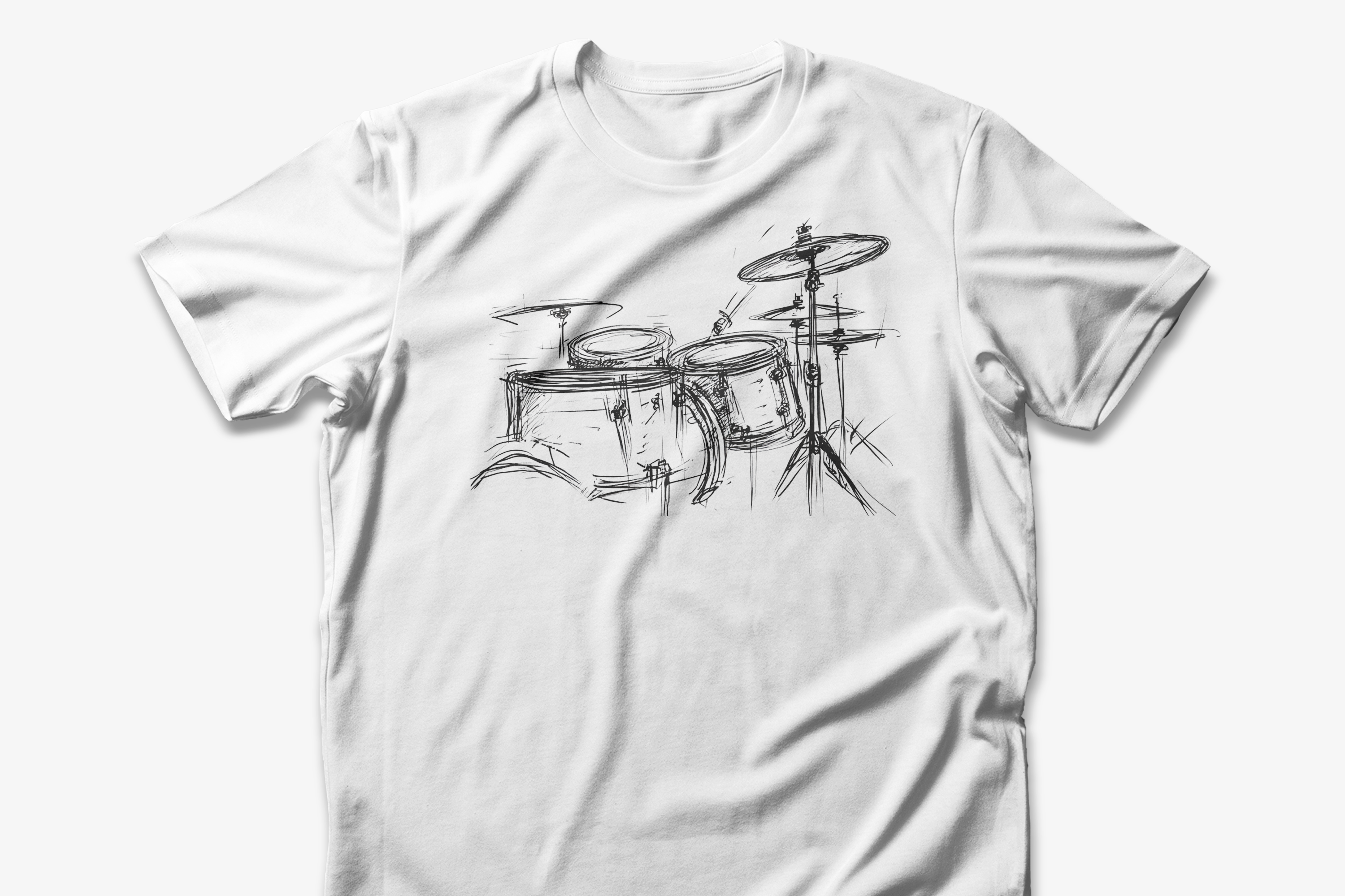 White cotton t-shirt with a hand-drawn artistic sketch of a drum kit in the center.