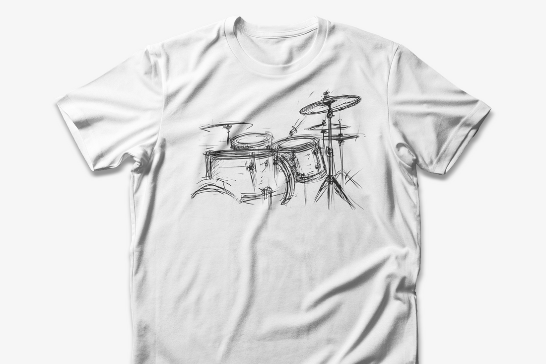 Drum Set Sketch T-Shirt | White Cotton Tee with Artistic Drum Kit Design | Stylish Musician-Inspired Unisex Shirt