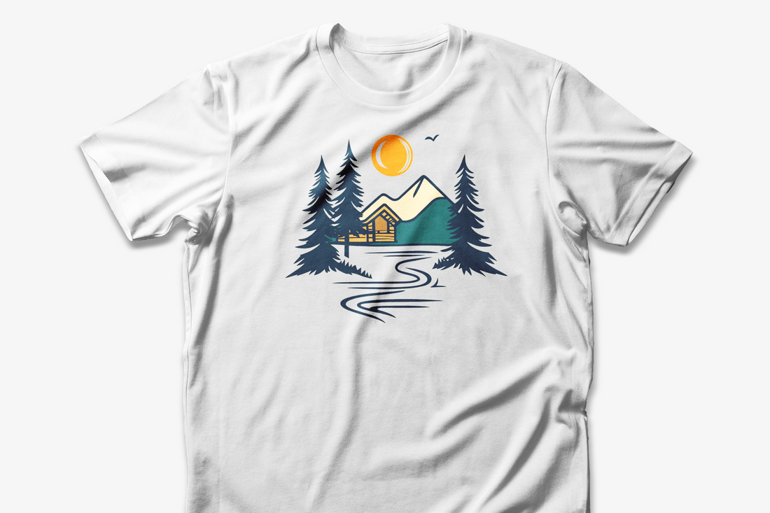 Cabin in the Woods T-Shirt | White Cotton Tee with Scenic Nature Design | Comfortable and Stylish Unisex Outdoor Shirt