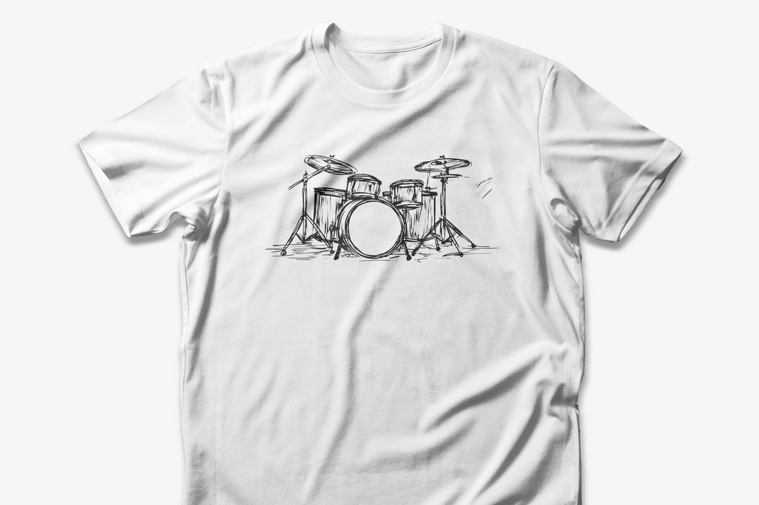 Hand-Drawn Drum Kit T-Shirt | White Cotton Unisex Tee with Artistic Music Design | Perfect for Drummers & Music Lovers