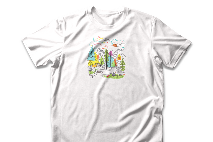 Whimsical Nature Adventure T-shirt | Colorful Doodle Mountain Design | Outdoor Enthusiast Graphic Tee