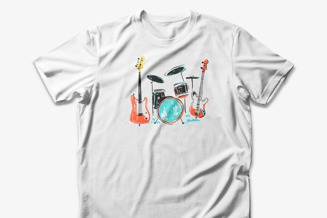 Band Instruments T-Shirt | White Cotton Tee with Colorful Drums and Guitars Design | Stylish and Comfortable Unisex Shirt