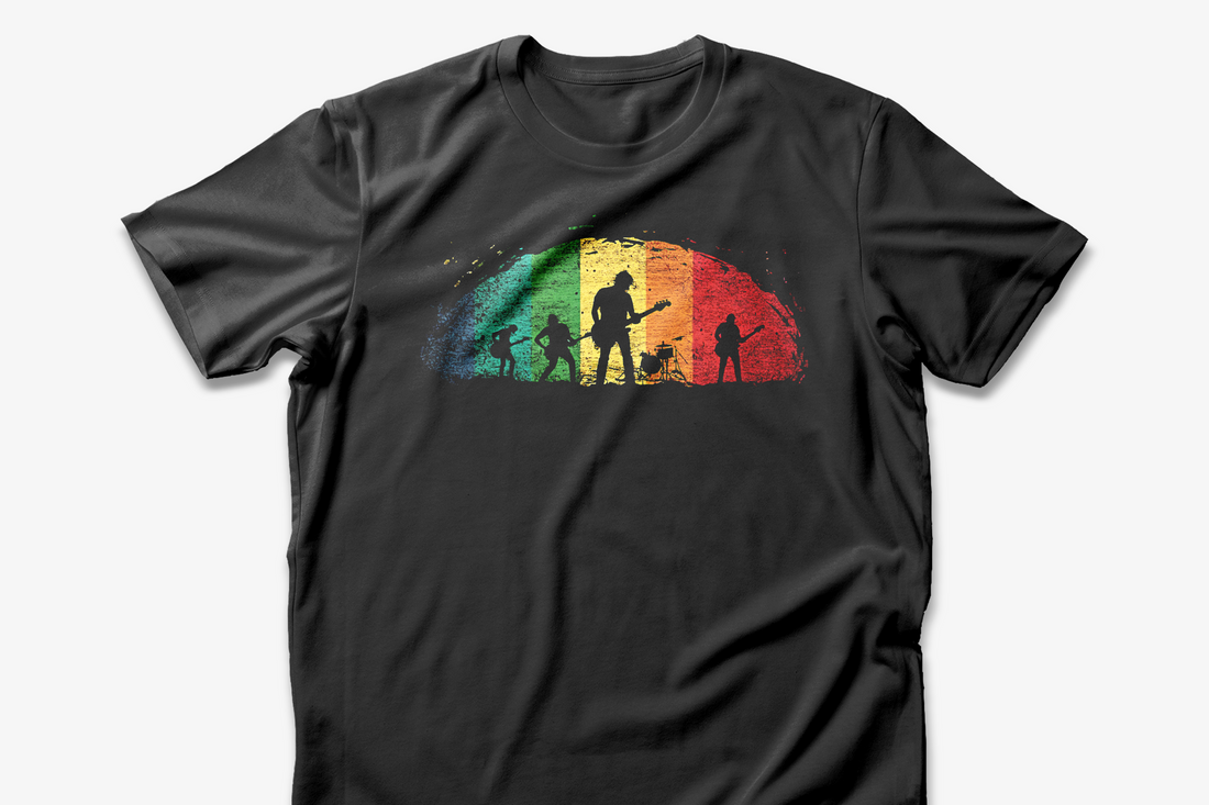 Retro Band Silhouette T-Shirt | Black Cotton Unisex Tee with Rainbow Music Design | Perfect for Concerts & Music Enthusiasts