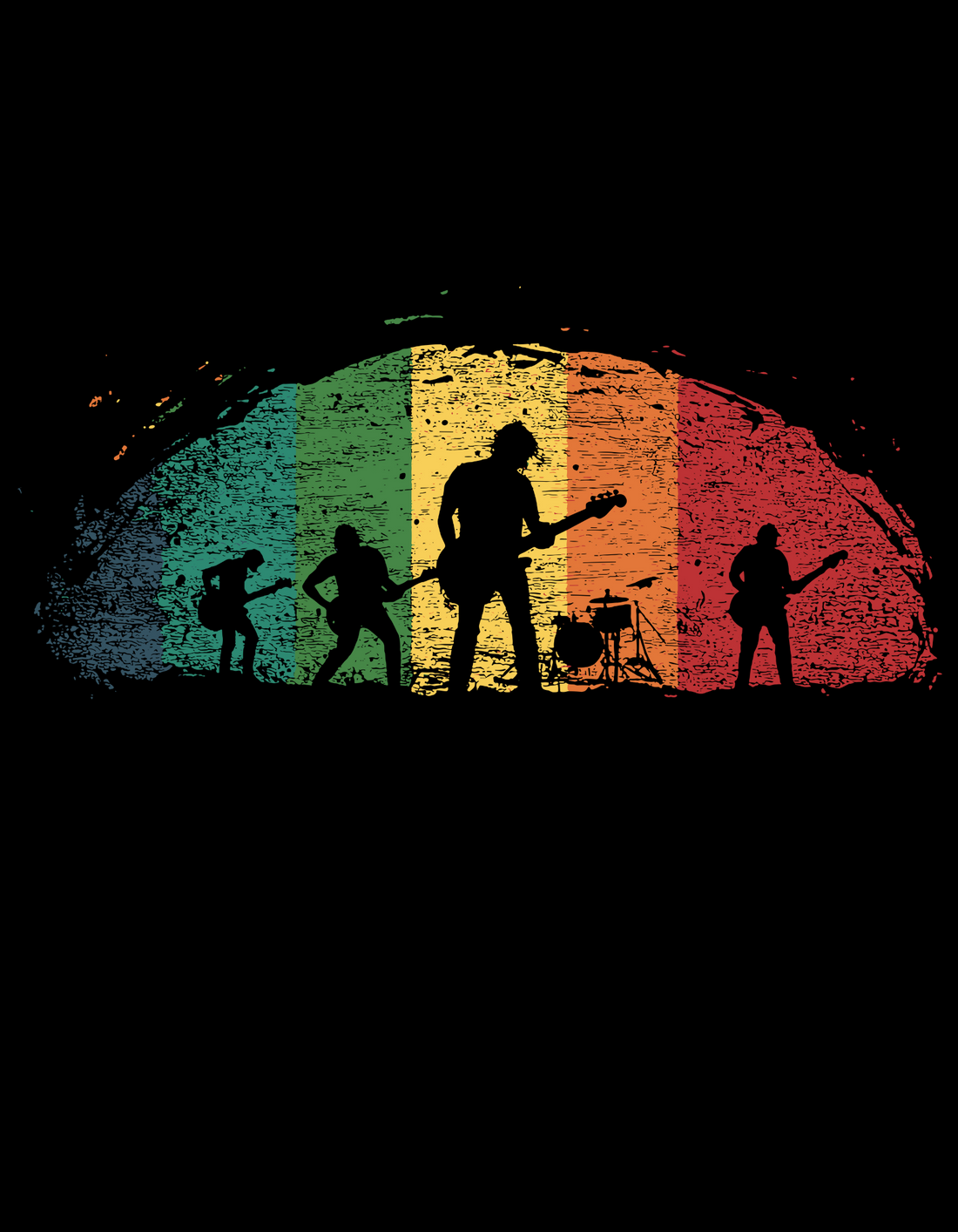 Retro Band Silhouette T-Shirt | Black Cotton Unisex Tee with Rainbow Music Design | Perfect for Concerts & Music Enthusiasts