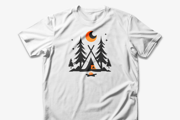 Unisex Camping T-Shirt with Minimalist Tent and Campfire Graphic | Outdoor Adventure Tee | Moon and Stars Design