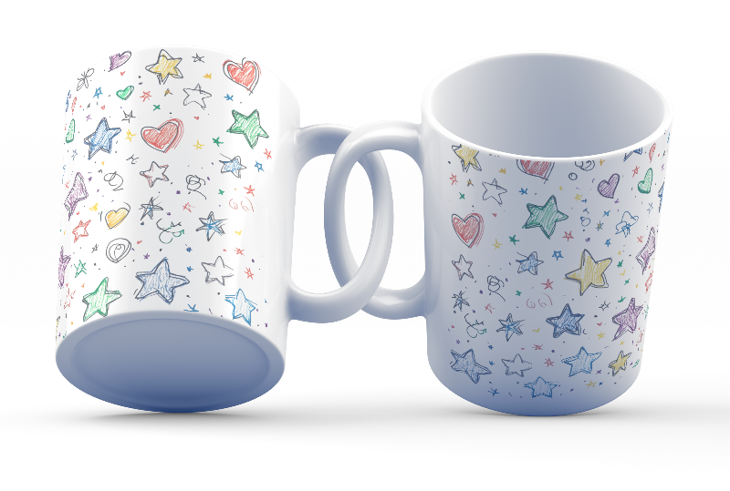 A set of two ceramic coffee mugs with colorful full-wrap designs of stars and hearts on a light background.