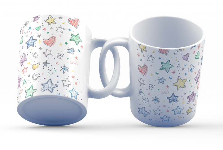 A set of two ceramic coffee mugs with colorful full-wrap designs of stars and hearts on a light background.