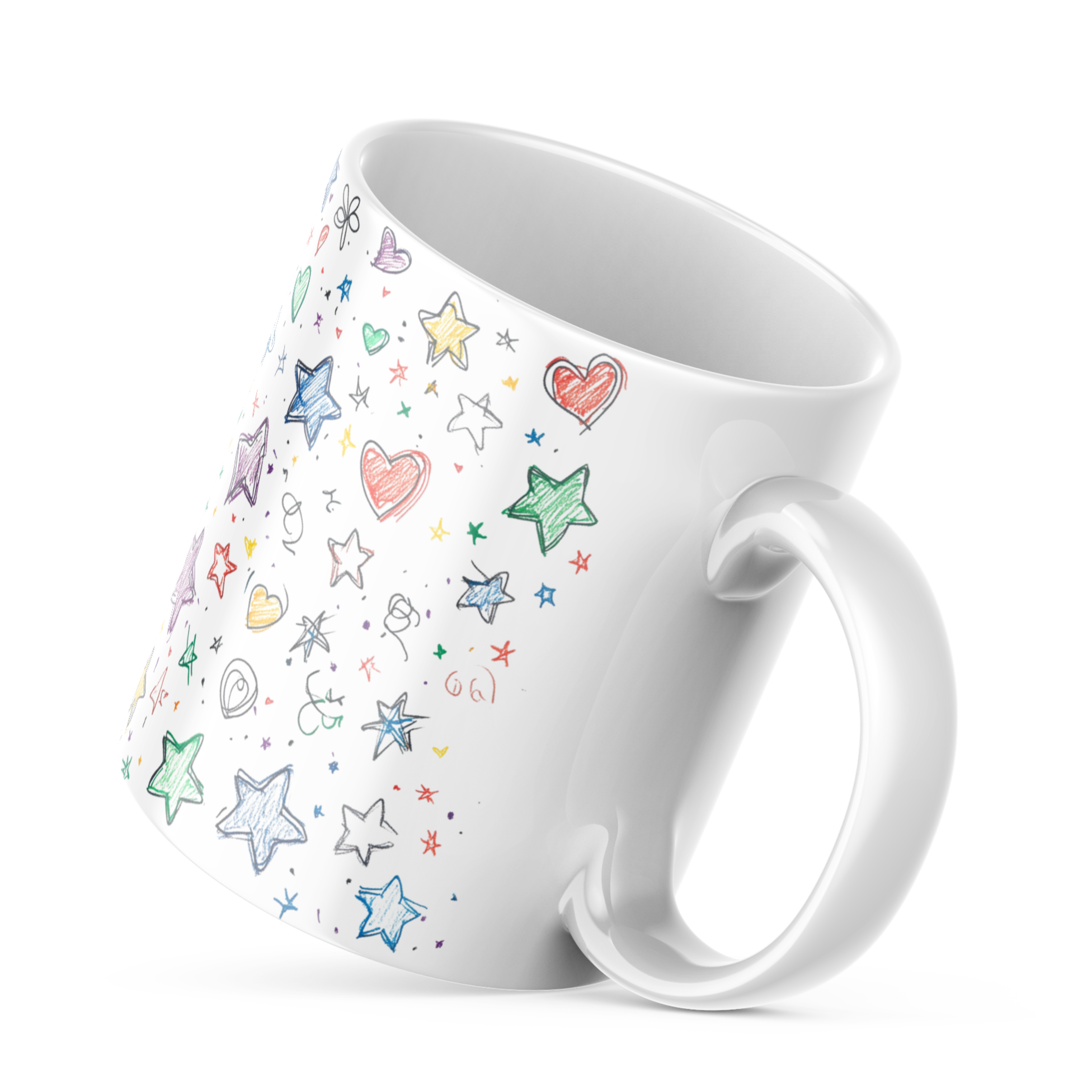 A set of two ceramic coffee mugs with colorful full-wrap designs of stars and hearts on a light background.