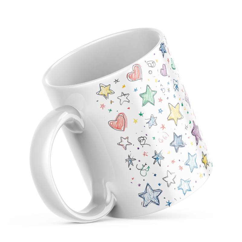 A set of two ceramic coffee mugs with colorful full-wrap designs of stars and hearts on a light background.