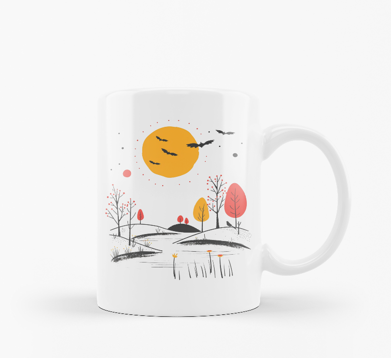 Two ceramic mugs side by side, one with a 'Good Morning' design and the other featuring a scenic nature landscape with trees and a sun rise.