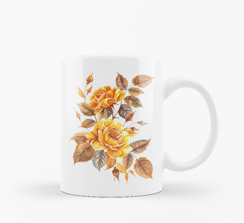 A set of two ceramic mugs, one with a floral design of golden roses and autumn leaves, and the other with a sun and leaves pattern, both with 'Good Morning' and 'Good Afternoon' text respectively.