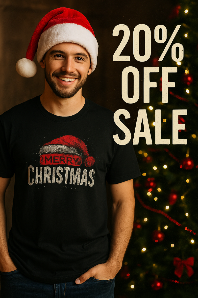 Man wearing a black t-shirt with a Christmas design and Santa hat, standing in front of a decorated Christmas tree with '20% OFF SALE' text.
