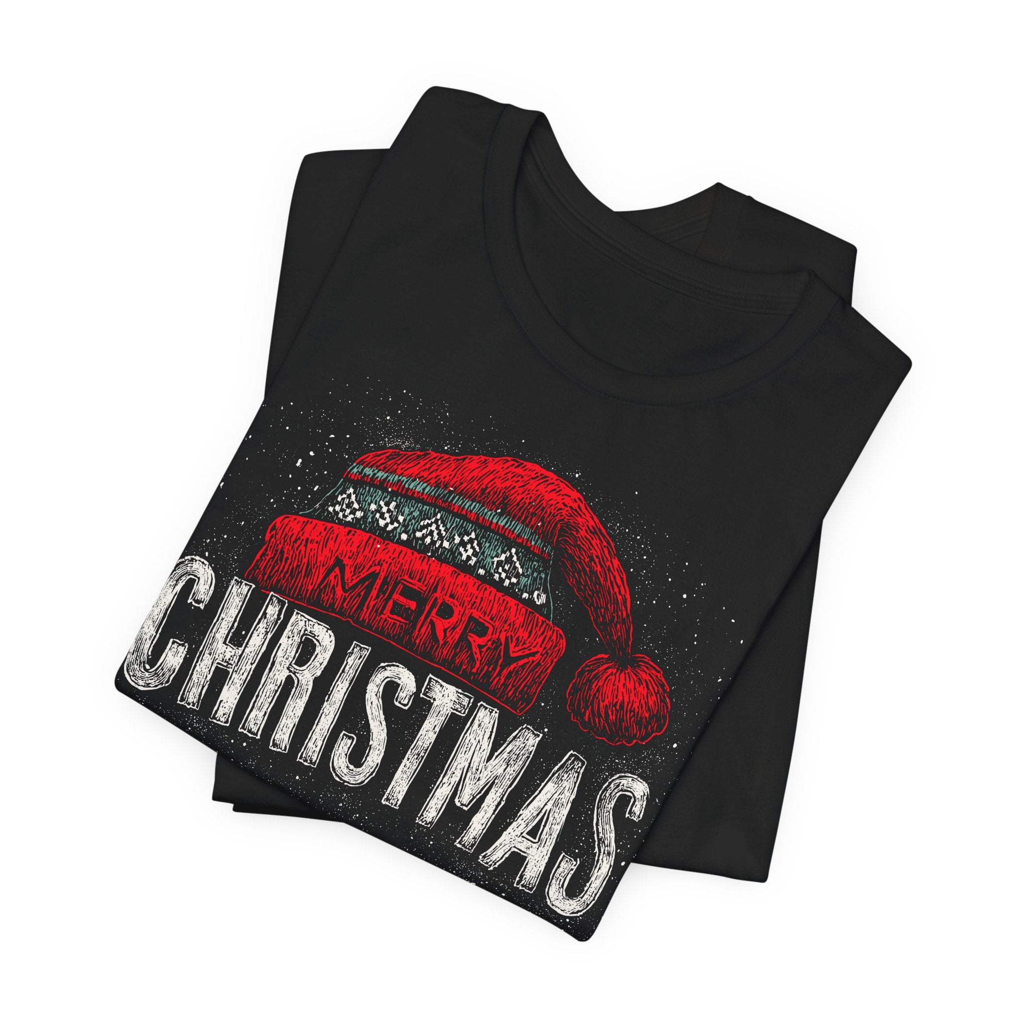 Black t-shirt with a red Christmas hat and 'Merry Christmas' text on a white background