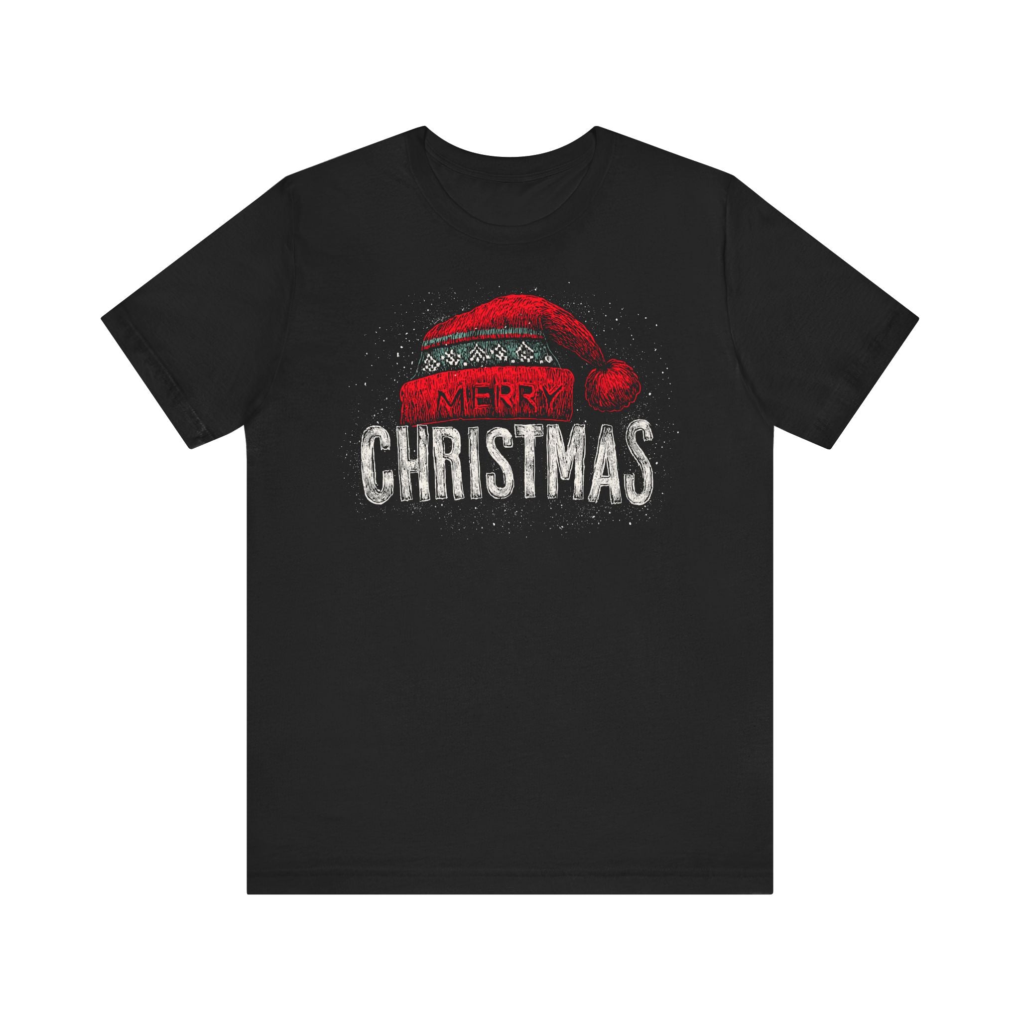 Black t-shirt with a red Santa hat and 'Merry Christmas' text on a white background
