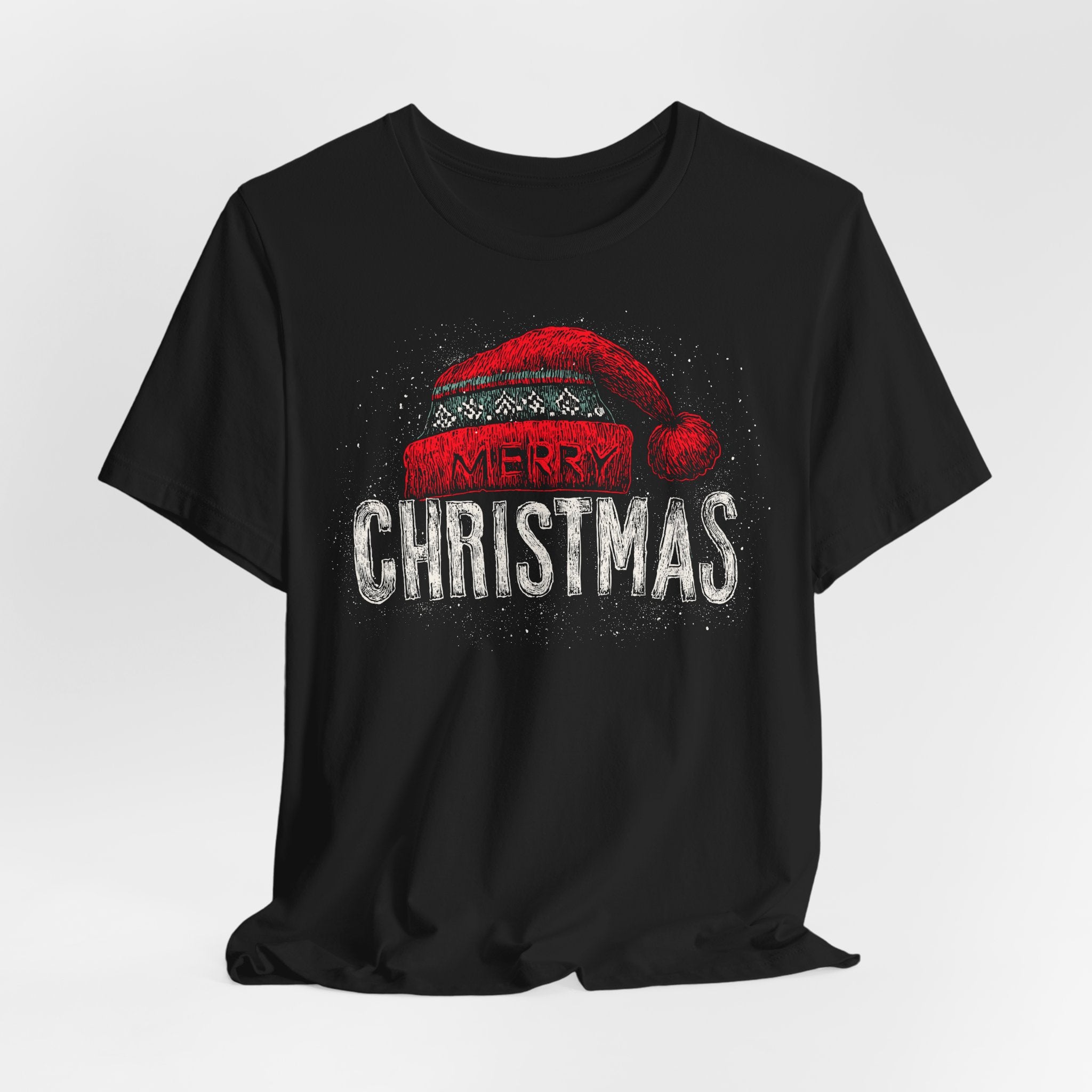 Black t-shirt with 'Merry Christmas' text and red Santa hat graphic on a white background