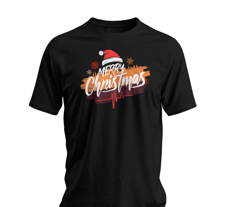 Black t-shirt with 'Merry Christmas' design featuring a Santa hat on a white background