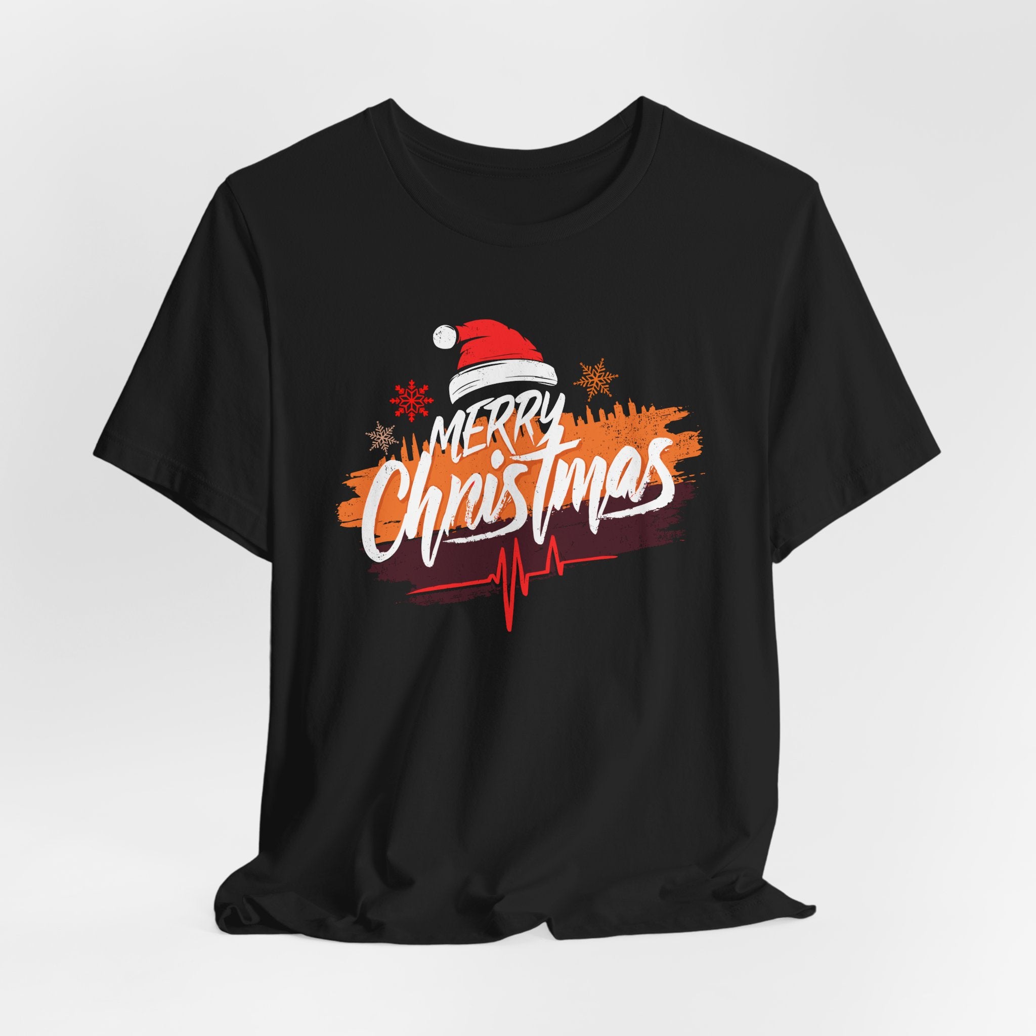 Black t-shirt with 'Merry Christmas' design featuring a Santa hat on a white background
