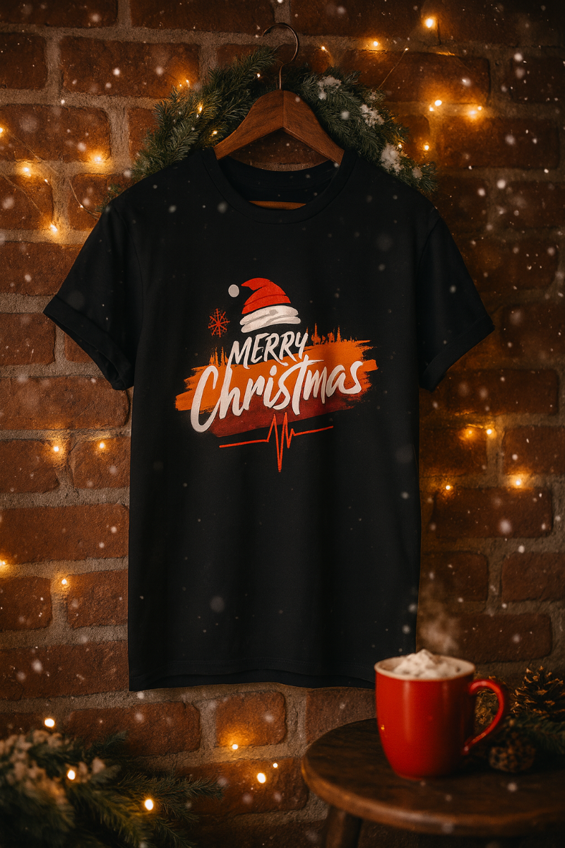 Black t-shirt with 'Merry Christmas' design hanging on a brick wall with festive decorations.