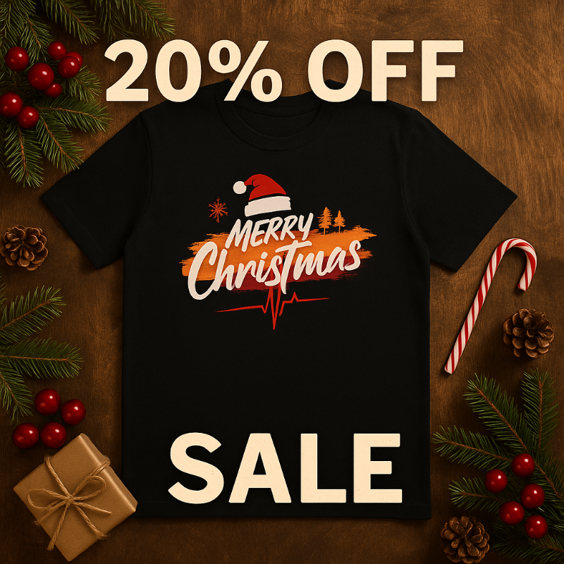 Black t-shirt with 'Merry Christmas' design and sale text on a wooden background with festive decorations.