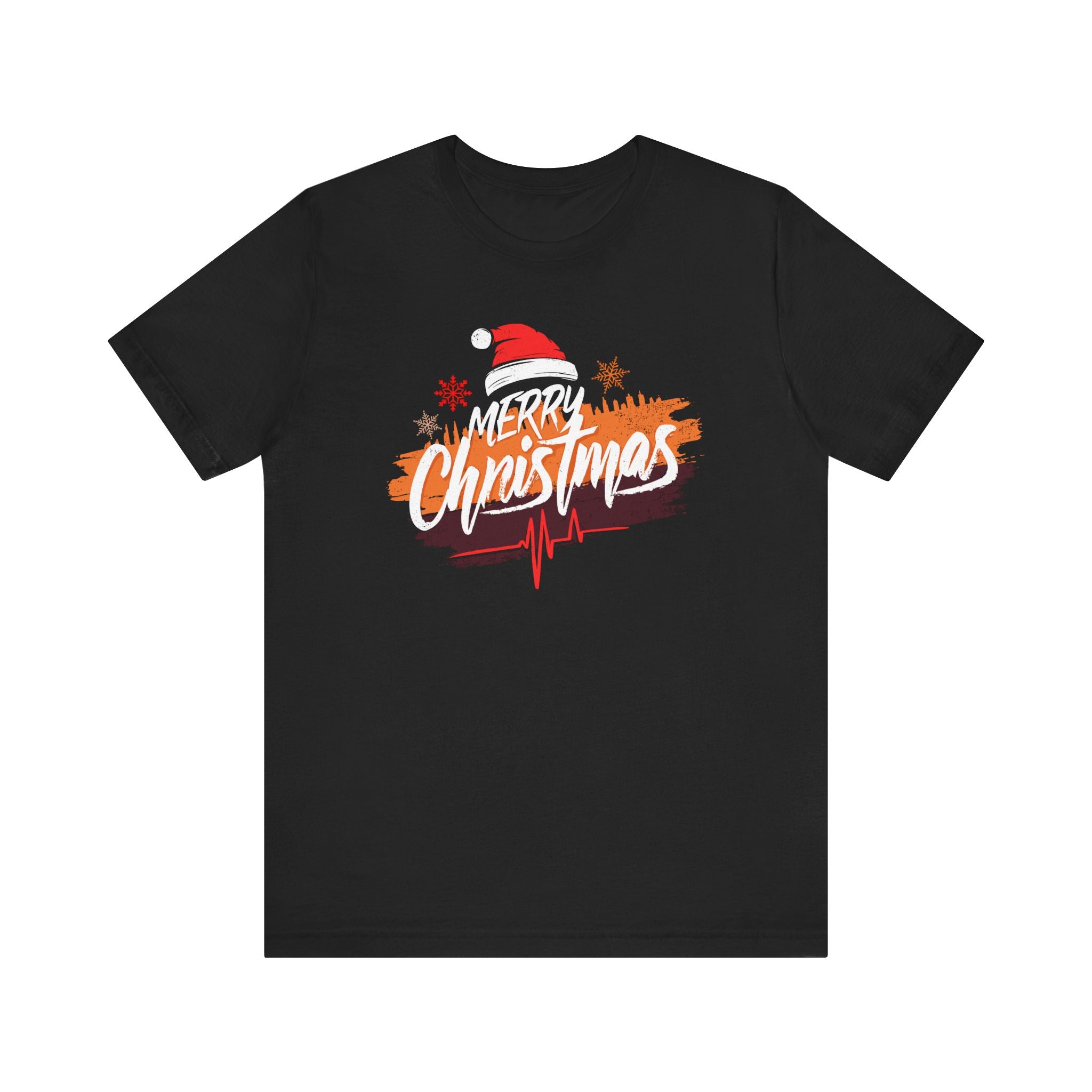 Black t-shirt with 'Merry Christmas' design featuring a Santa hat on a white background