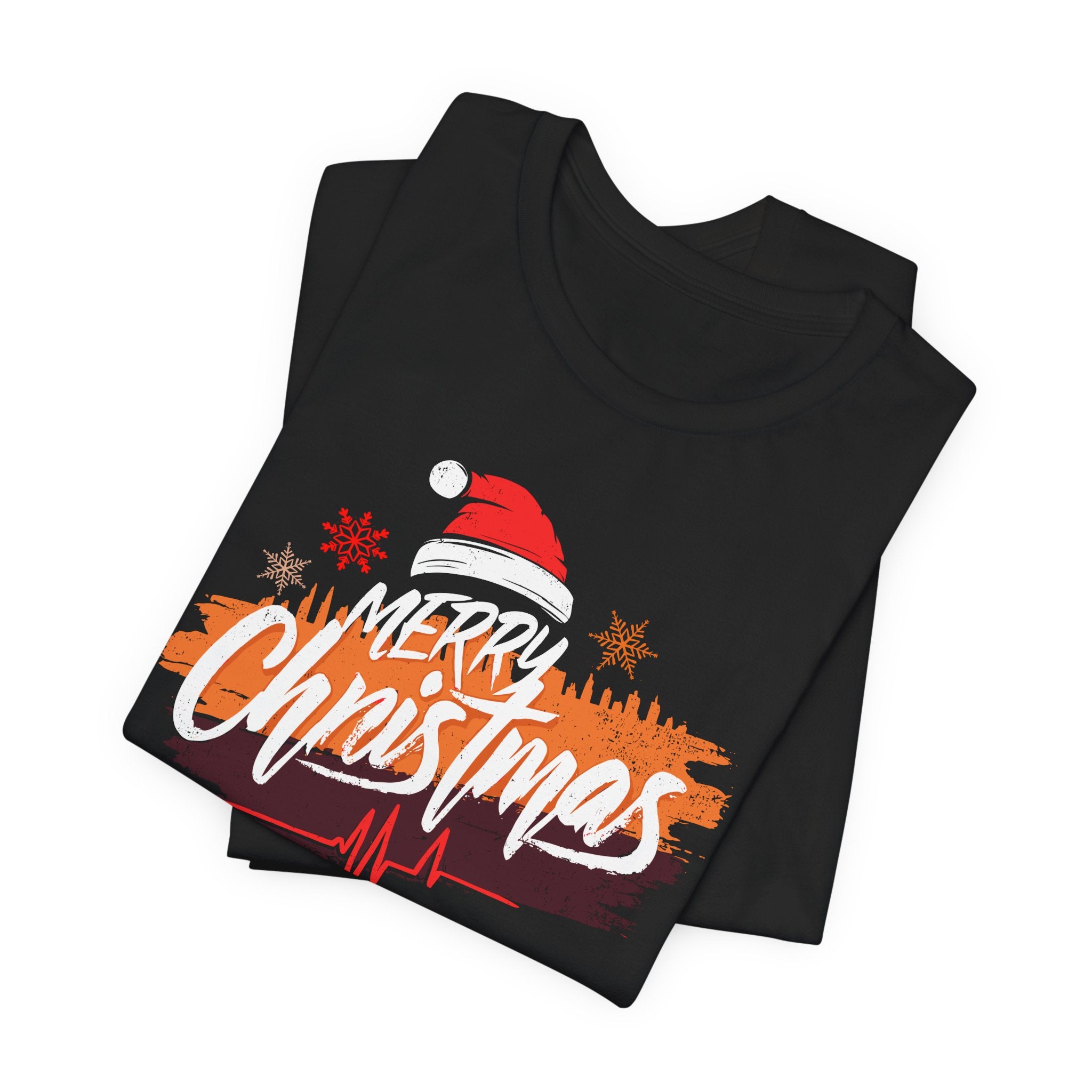 Black t-shirt with 'Merry Christmas' design featuring a Santa hat on a white background