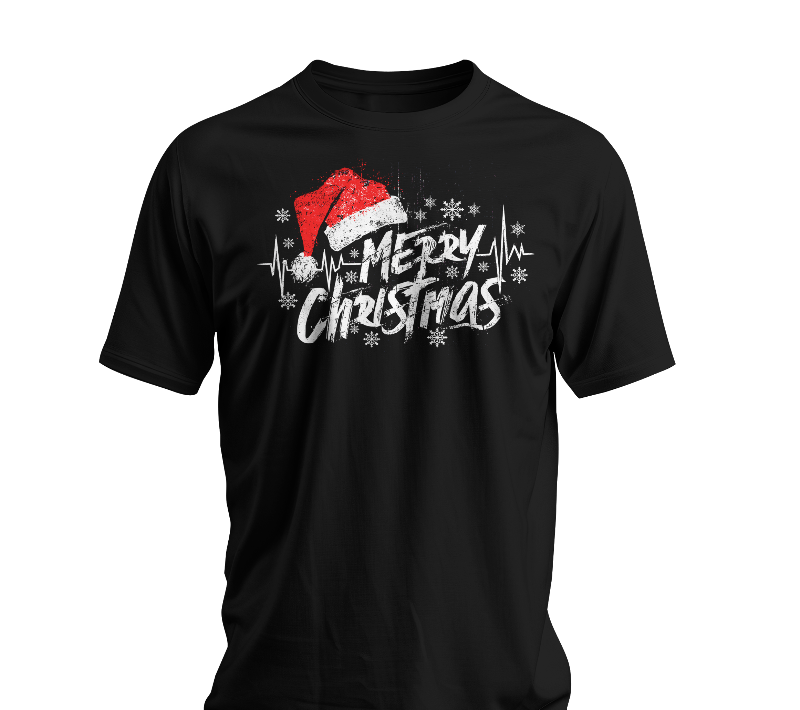 Black t-shirt with 'Merry Christmas' design featuring a Santa hat on a white background