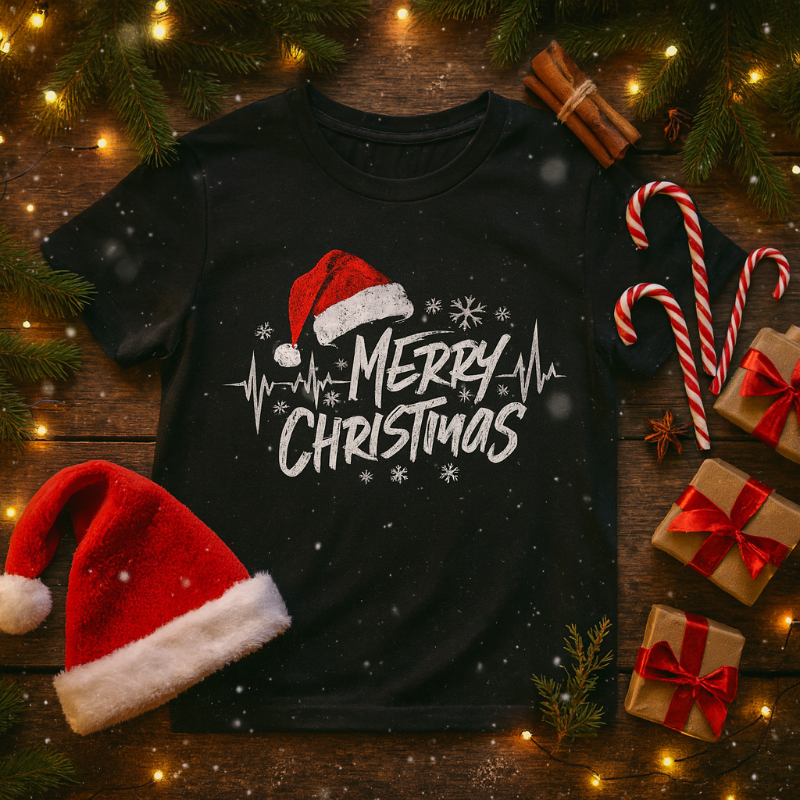 Black t-shirt with 'Merry Christmas' design on a wooden surface with festive decorations.